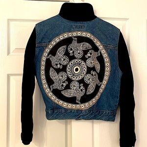 Vintage One-of-a-Kind Peacock Jean Jacket with Velvet Trim (S/XS, Match USA)